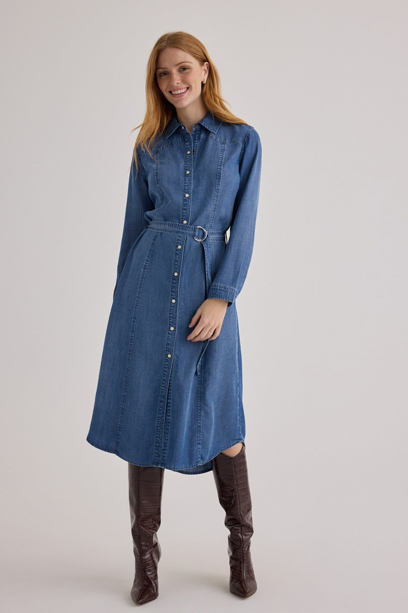 western midi dress Western Yoke Midi Dress | Skyline Spray Wash | XS