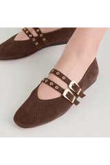 Light Gray Baylee Grommet Ballet Flat | Dark Brown Perforated Suede flats