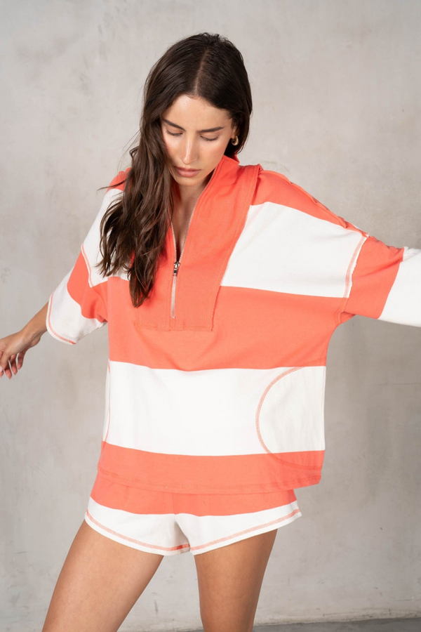 Gray Yarn Dye Stripe Half Zip Up Sweater