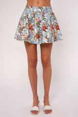 Light Gray Lainy Denim Mini Skirt in Summer Floral Print Mini Skirt