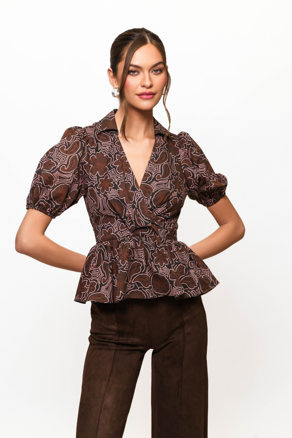 Beige Fowler Top in Black/Copper Rodeo Stippled Floral Top
