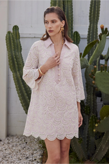 Gray Striped Embroidered Scallop Hem Shirt Mini Dress Mini Dress