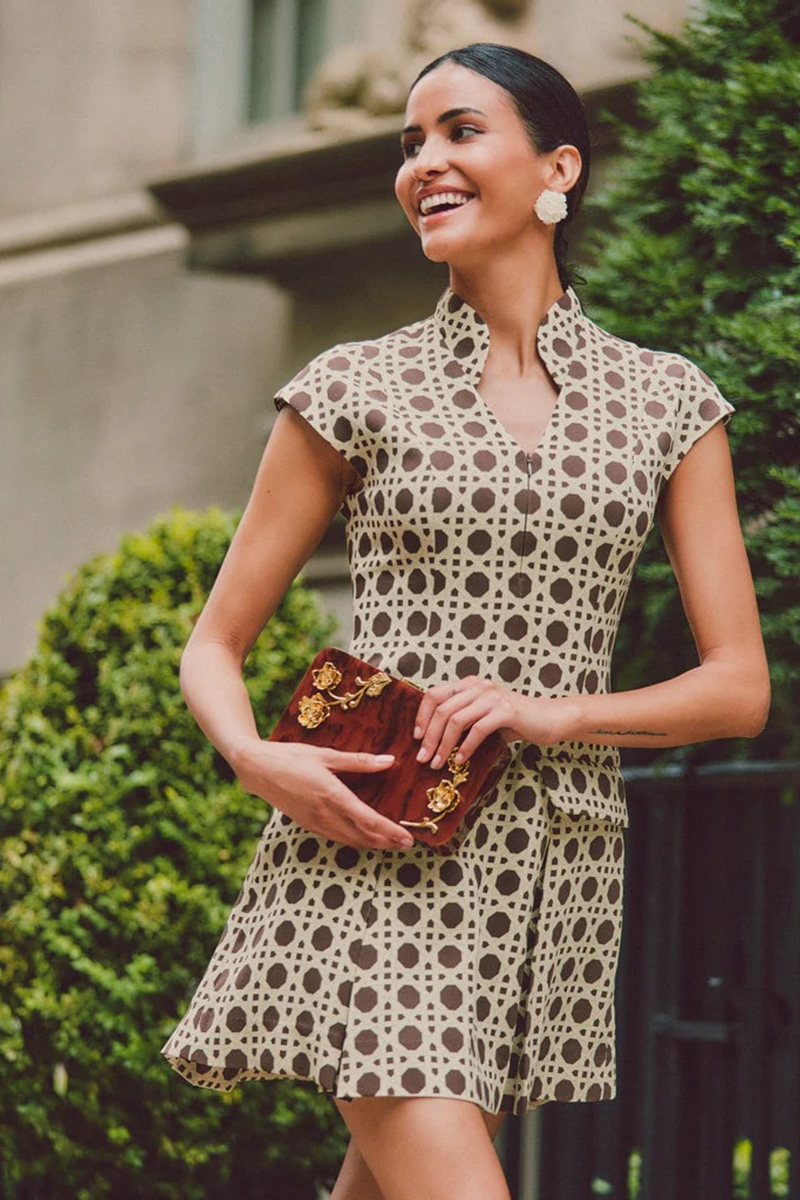 Dark Olive Green Tianna Mini Dress in Solihiya Brown/ Ivory Mini Dress