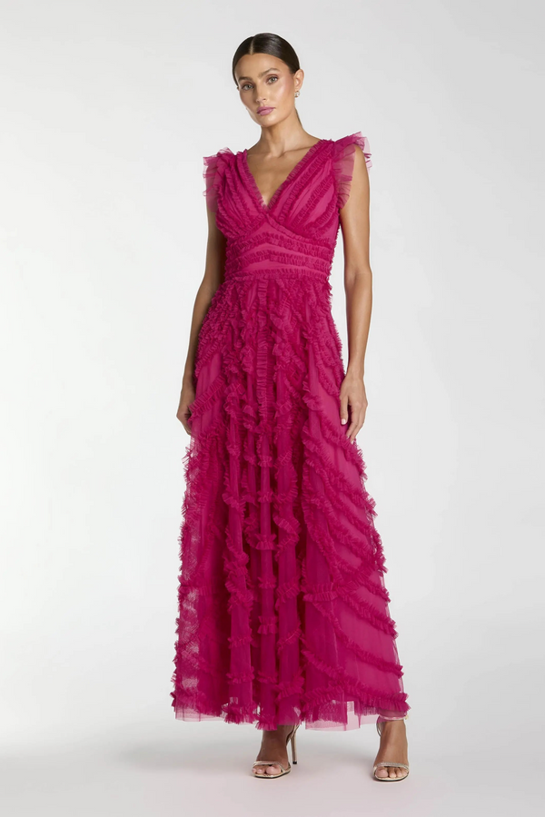 v neck cap sleeve dress Mac Duggal - Pink V-Neck Cap Sleeve Ruffle Maxi Dress