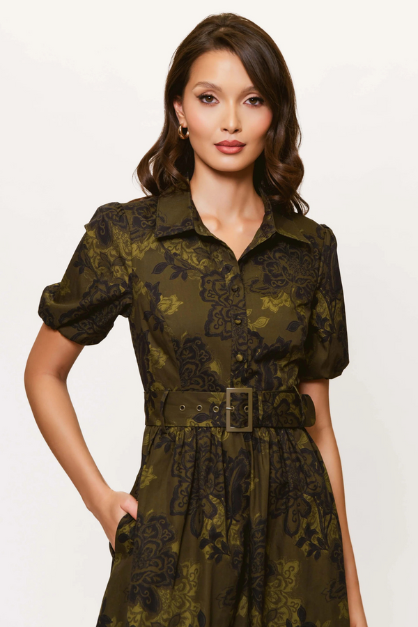 Misty Rose Parker Dress in Olive Bohemian Paisley Maxi Dress