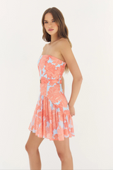 Misty Rose Rowyn Dress in Sky/Coral Layered Outline Peonies Mini Dress