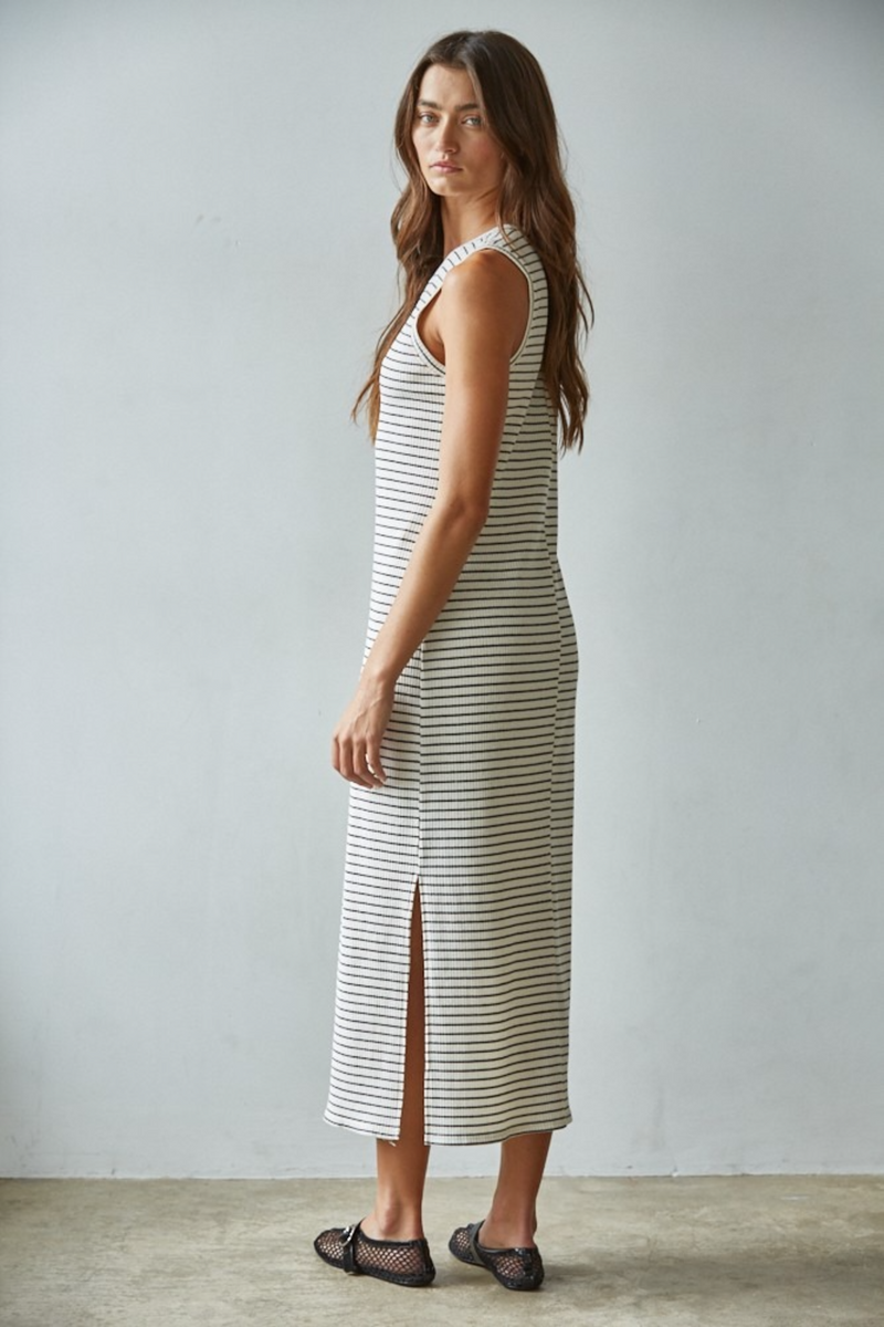 Gray Ashland Ribbed Maxi in Cream Black Stripe Maxi Dress