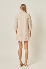 Light Gray Striped Embroidered Scallop Hem Shirt Mini Dress Mini Dress