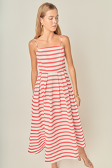 Light Gray Striped Pleated Midi Dress in Off White/Red Midi Dress