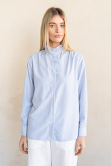 Antique White Striped Ruffle Neck Blouse Shirt