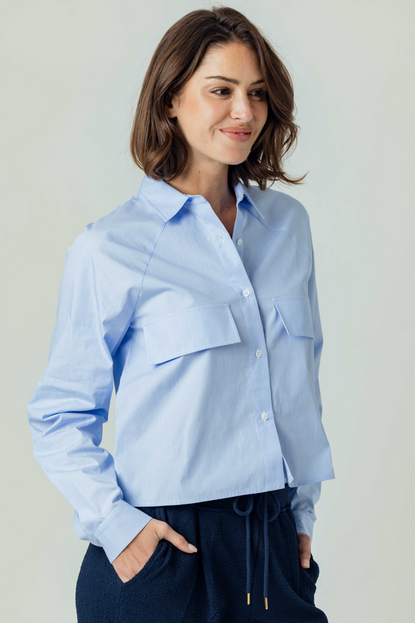Light Gray Rochelle Shirt in Della Blue Stripe Top