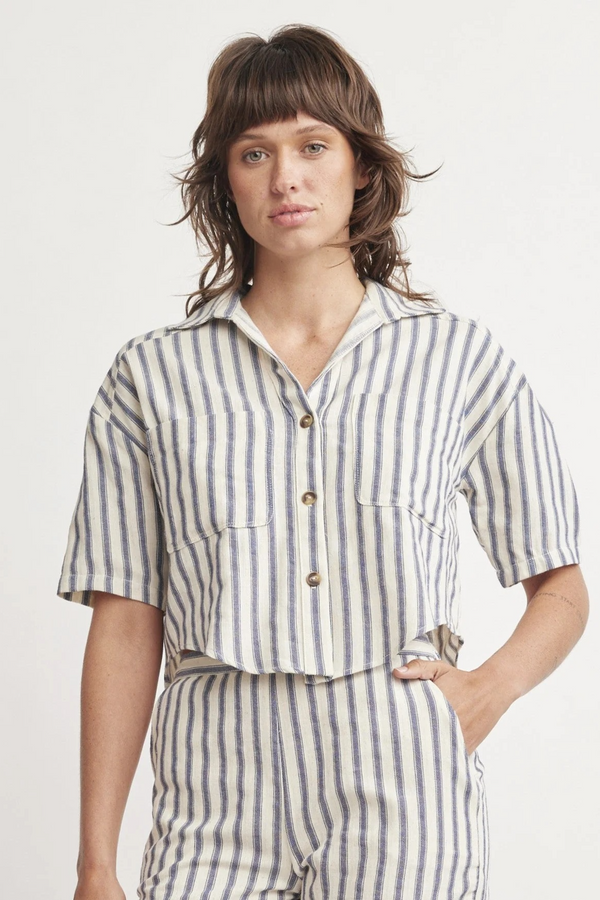 Light Gray Terri Crop Shirt in Blue Stripes Top