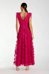 Lavender Pink V-Neck Cap Sleeve Ruffle Maxi Dress Formal Gown