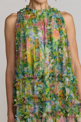 Printed Sleeveless High Neck Ruffle Mini Dress