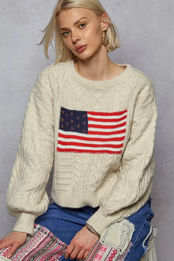 Dark Gray USA Flag Contrast Stitch Sweater Knit Top Sweater