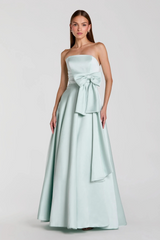Light Gray Strapless Satin Ballgown with Bow Detail Formal Gown