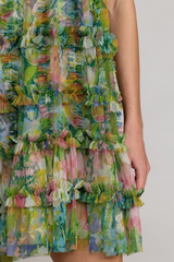 Printed Sleeveless High Neck Ruffle Mini Dress