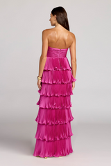 Light Gray Pleated Charmeuse Strapless Tiered Ruffle Gown Formal Gown