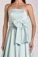 Light Gray Strapless Satin Ballgown with Bow Detail Formal Gown
