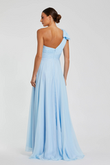 Light Gray Pleated One Shoulder Chiffon Gown | Sky Blue Formal Gown
