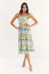 Seashell Sommer Dress in Blue/Yellow Multi Striped Rose Midi Dress