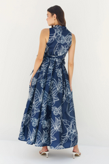 Lavender Hastings Dress in Navy/White Dramatic Vining Iris Maxi Dress