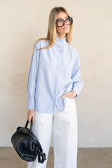 Light Gray Striped Ruffle Neck Blouse Shirt