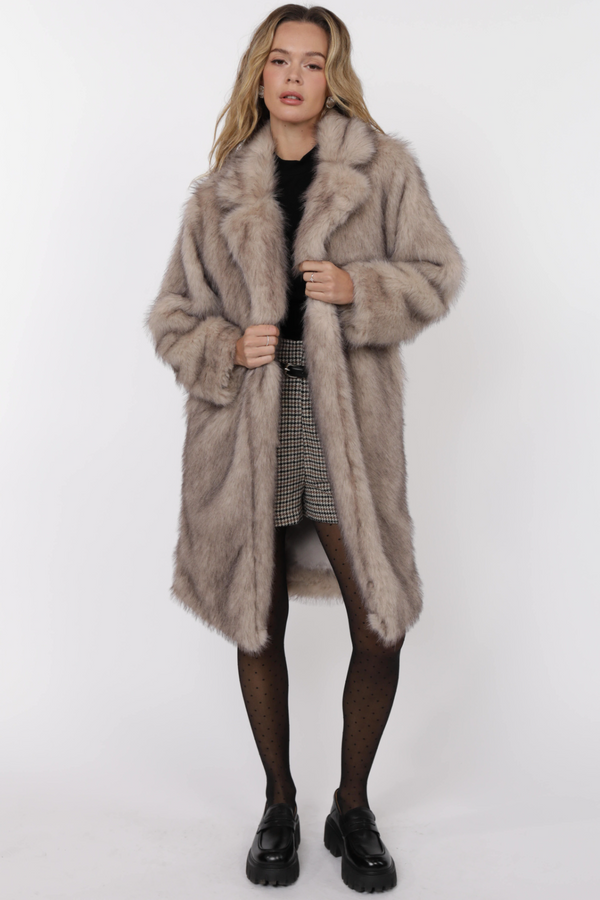 Light Gray Pixie Tipped Vegan Fur Coat in Beige/Brown Coat