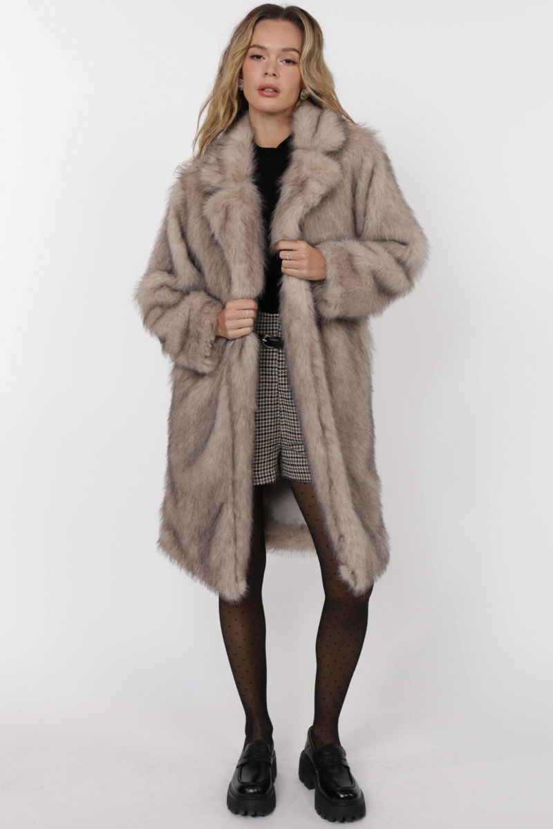 Light Gray Pixie Tipped Vegan Fur Coat in Beige/Brown Coat