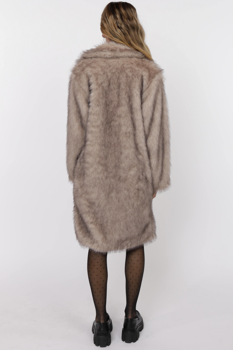Light Gray Pixie Tipped Vegan Fur Coat in Beige/Brown Coat