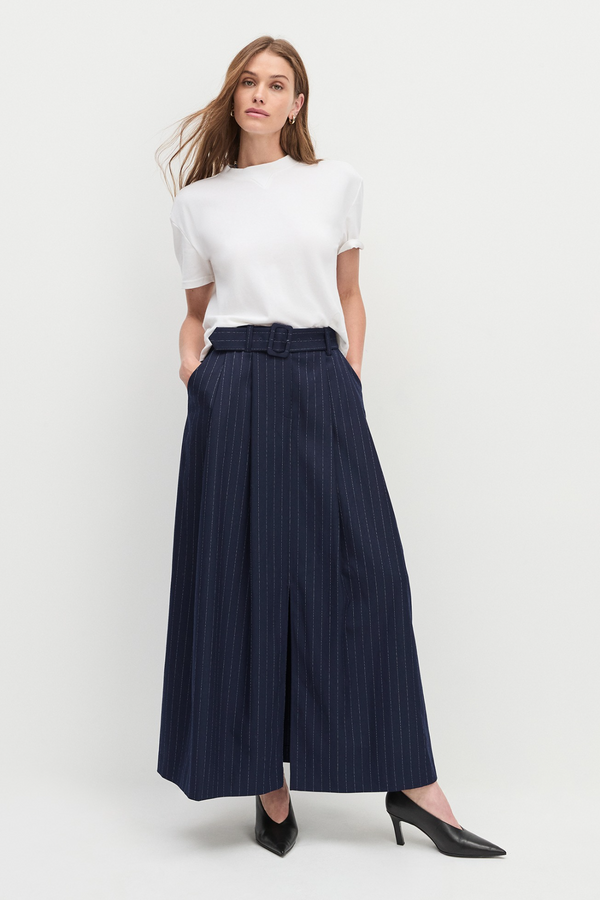 Dark Slate Gray The Gabby Skirt in Navy Pinstripe Maxi Skirt