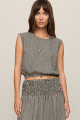 Light Gray Merit Cropped Gingham Linen Top Top
