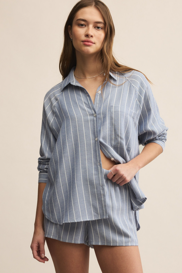 Light Gray River Plaid Button Up Top