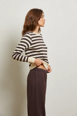 Light Gray Stef Rib Pullover Sweatshirt in Mocha Stripe Sweatshirt
