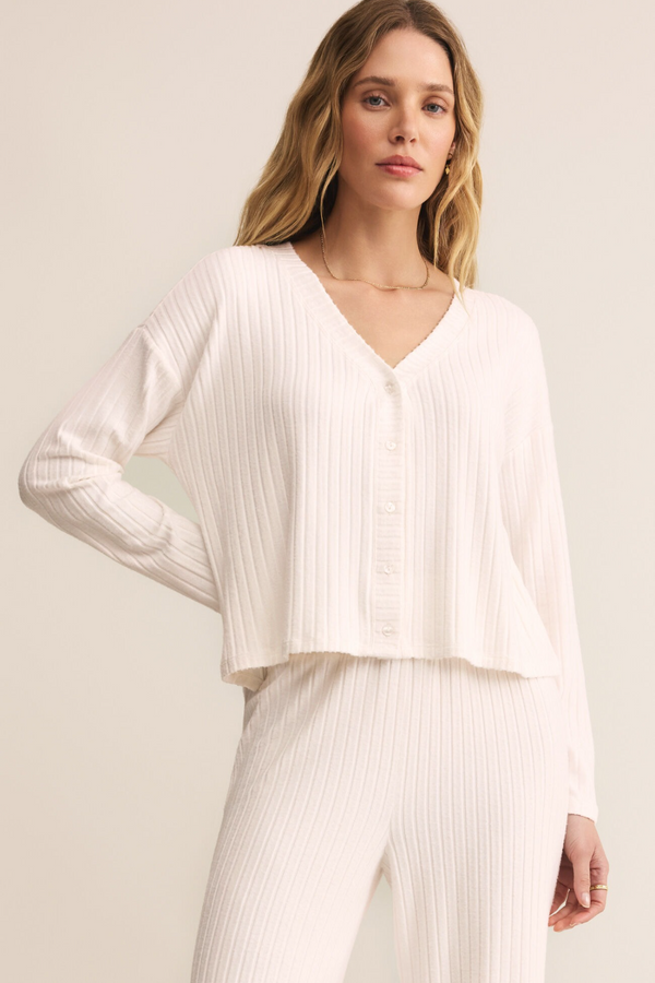 Antique White Mara Silky Rib Cardigan Sweater