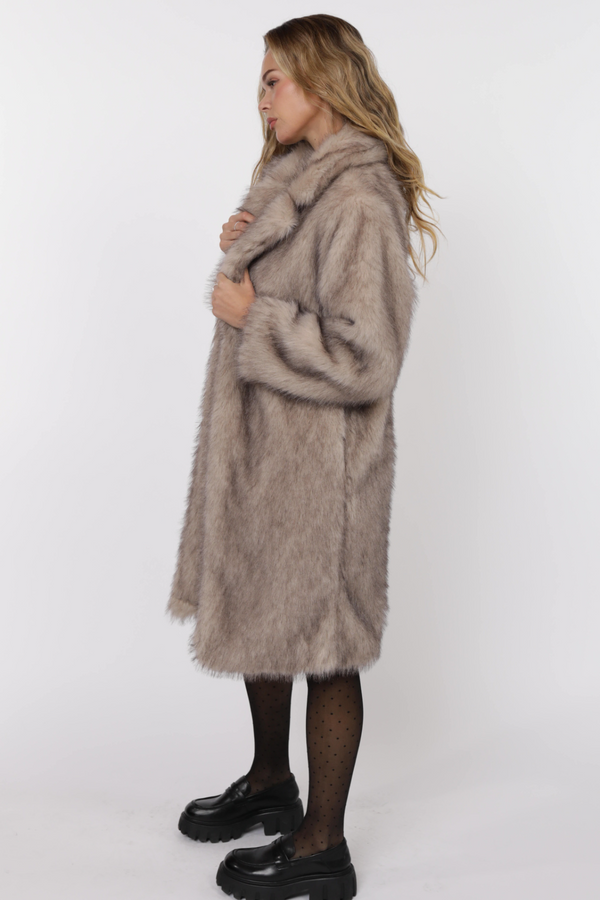 Light Gray Pixie Tipped Vegan Fur Coat in Beige/Brown Coat