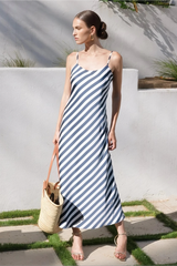 Gray Striped Maxi Slip Dress in Navy/White Maxi Dress
