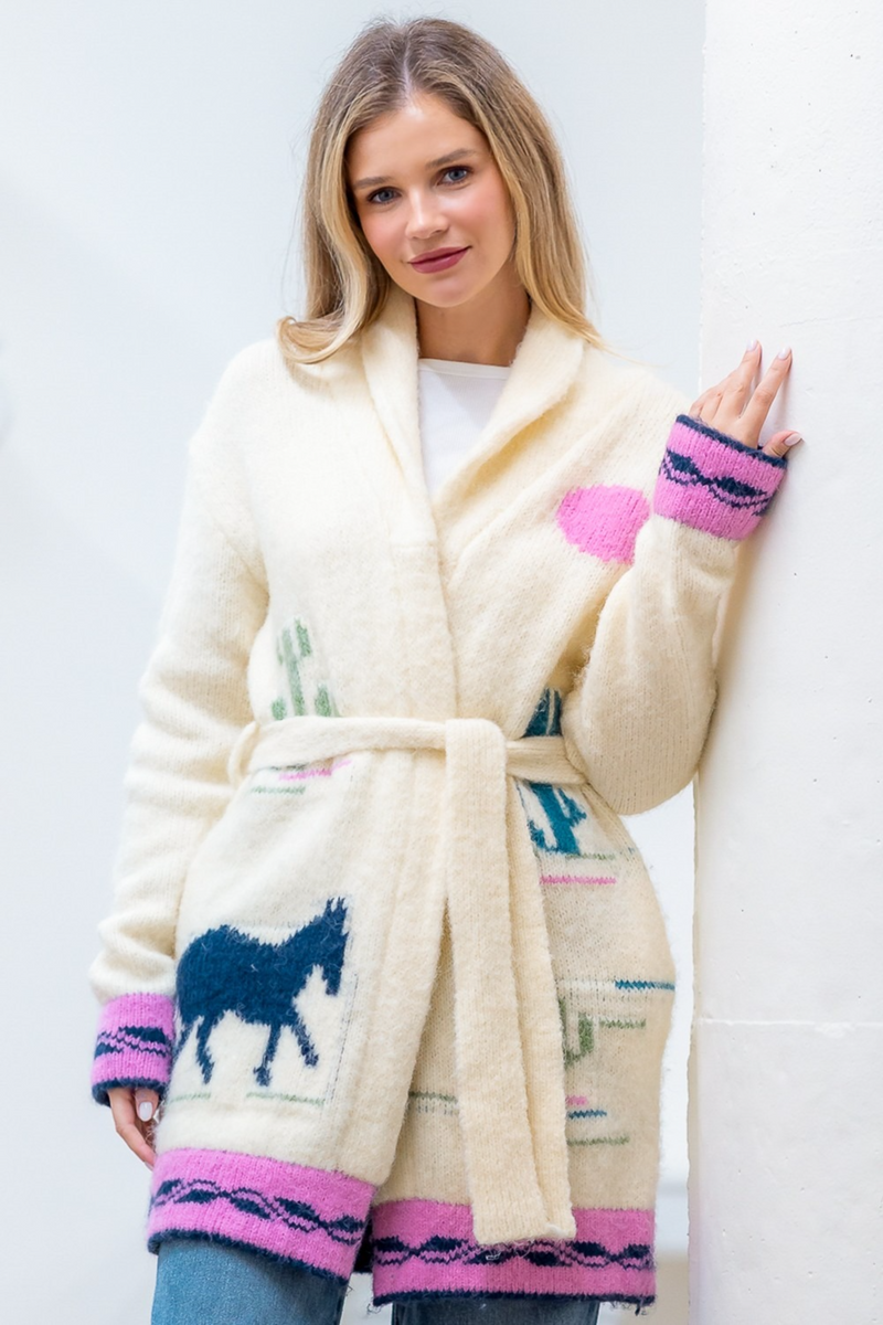 Light Gray Sunset Horse Self Tie Sweater Sweater