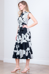 Light Gray Hayes Floral Midi Dress in Black/Cream Midi Dress
