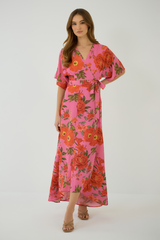 Light Gray Gemma Dress in Fuchsia Multi Maxi Dress