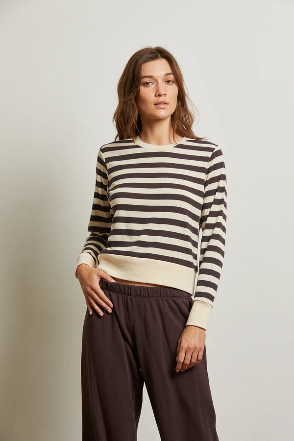 Light Gray Stef Rib Pullover Sweatshirt in Mocha Stripe Sweatshirt