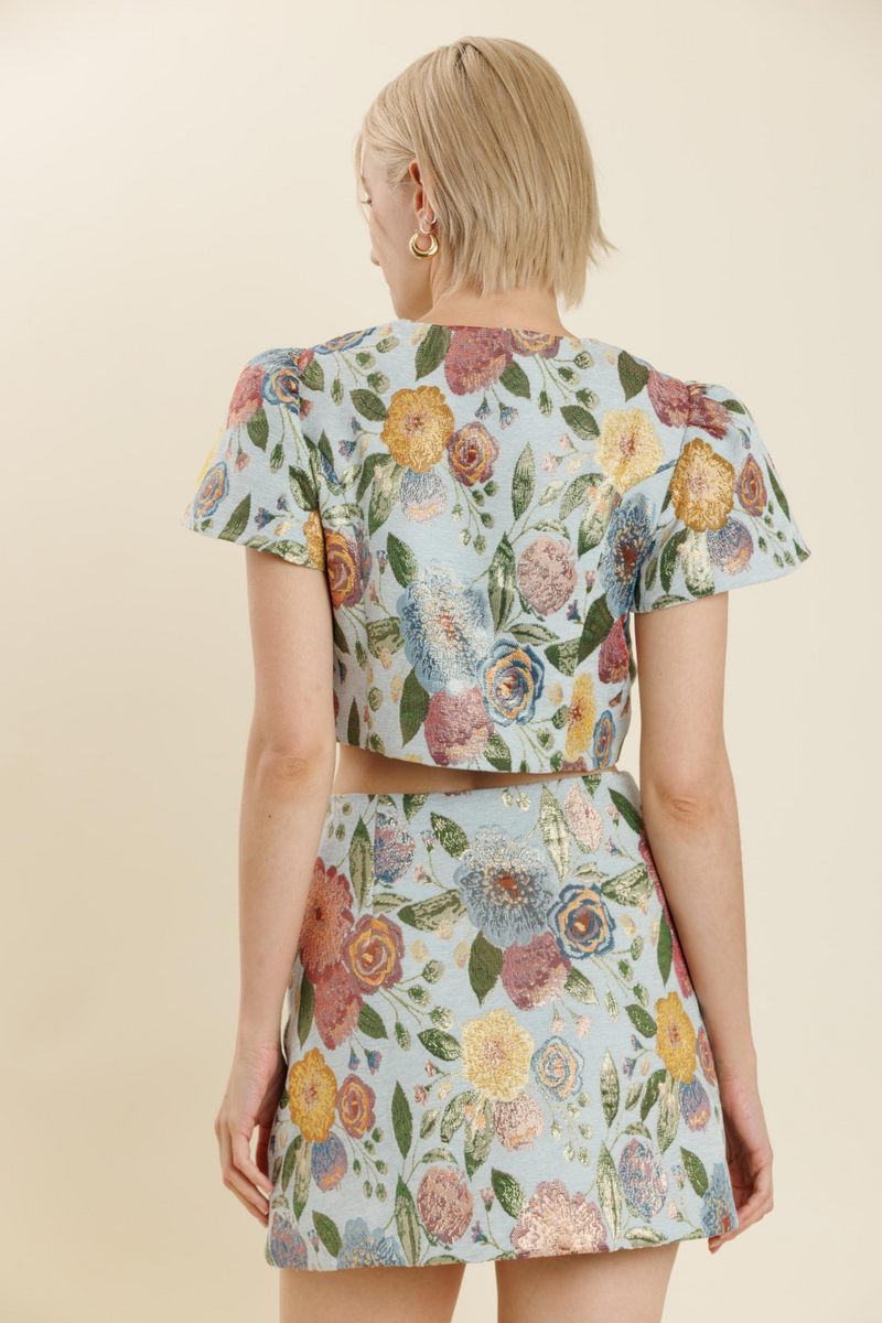 Light Gray Tea for Two Floral Jacquard Cropped Jacket Jacket