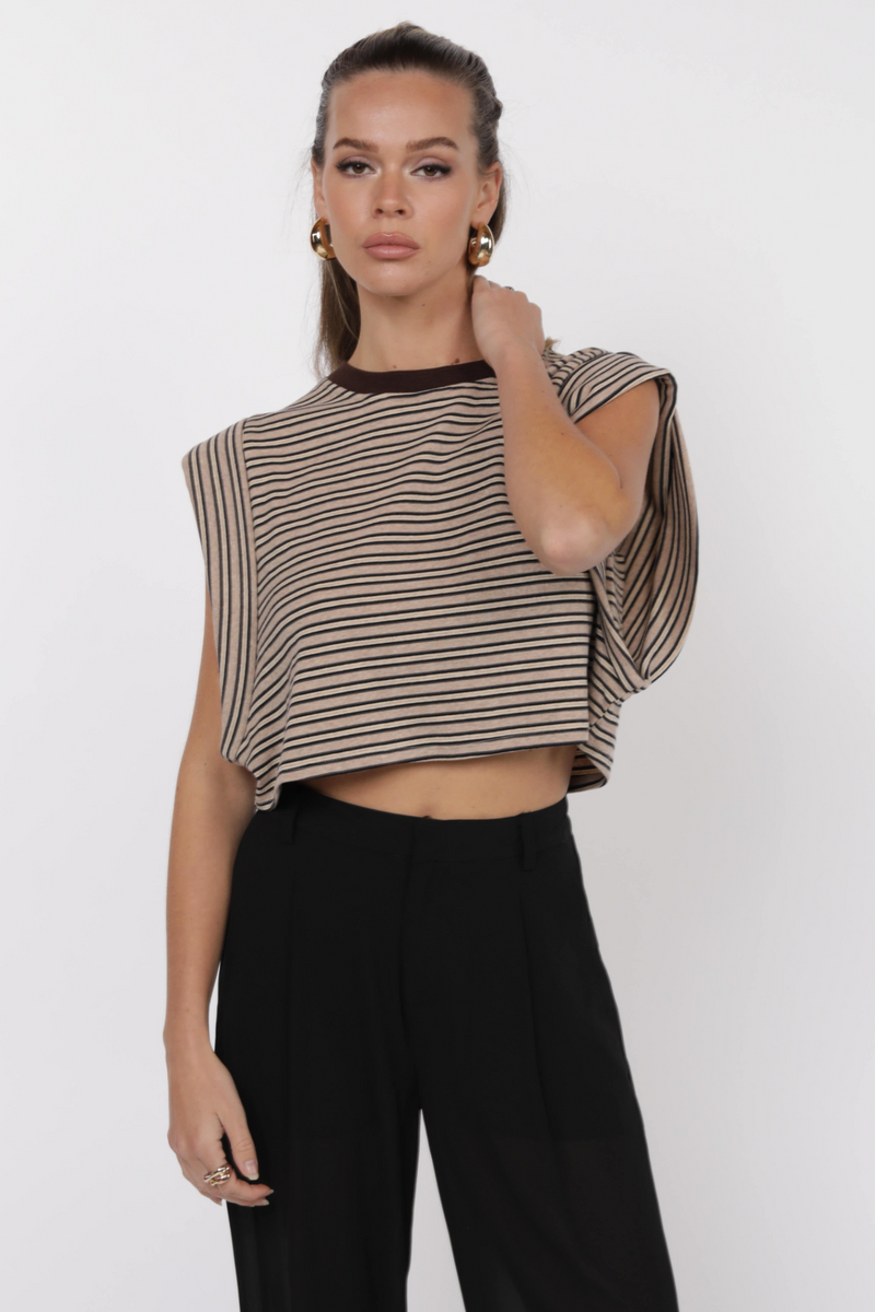 Black One and Only Stripe Crop Tee in Heather Oatmeal Top
