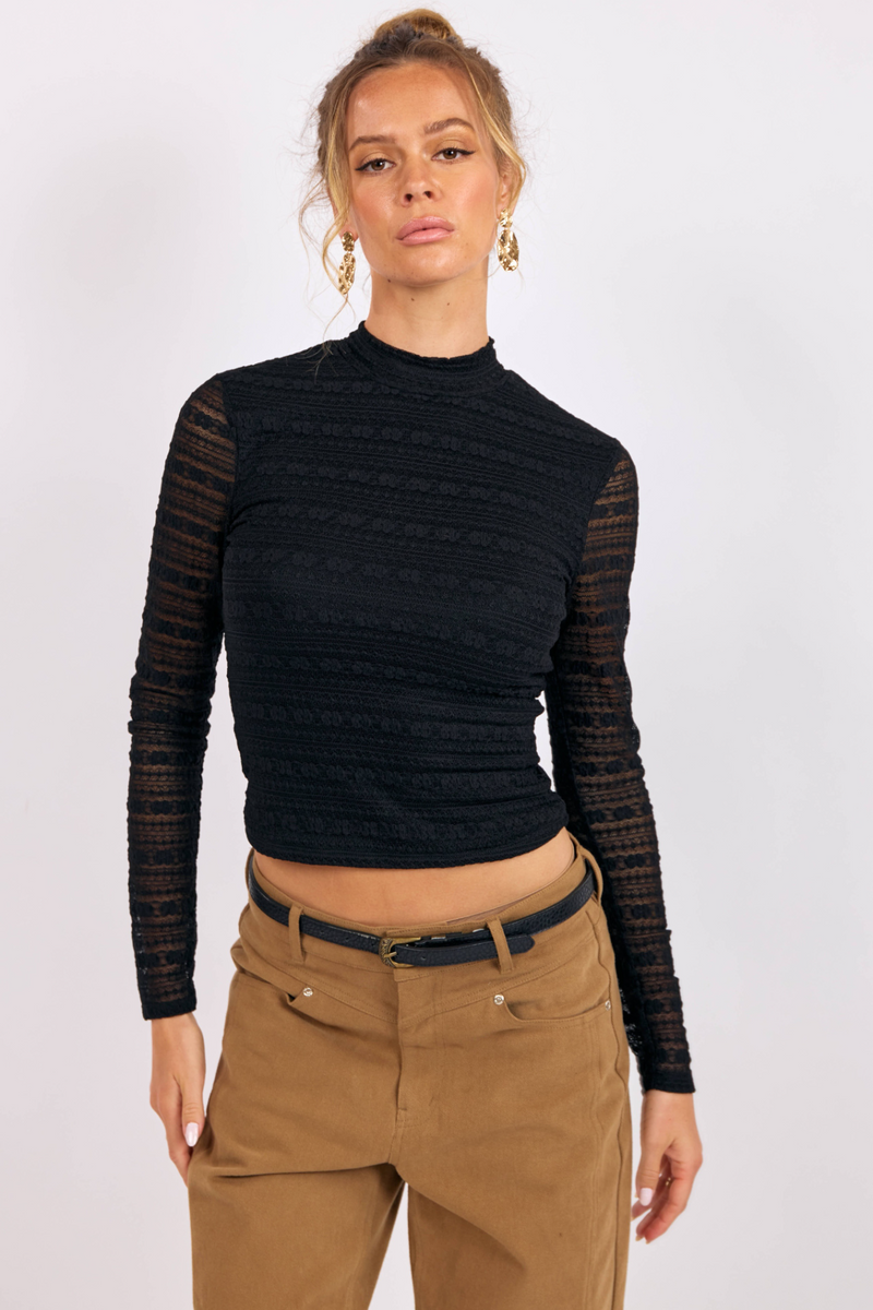 Black Sundance Lace Mock Neck Top Top