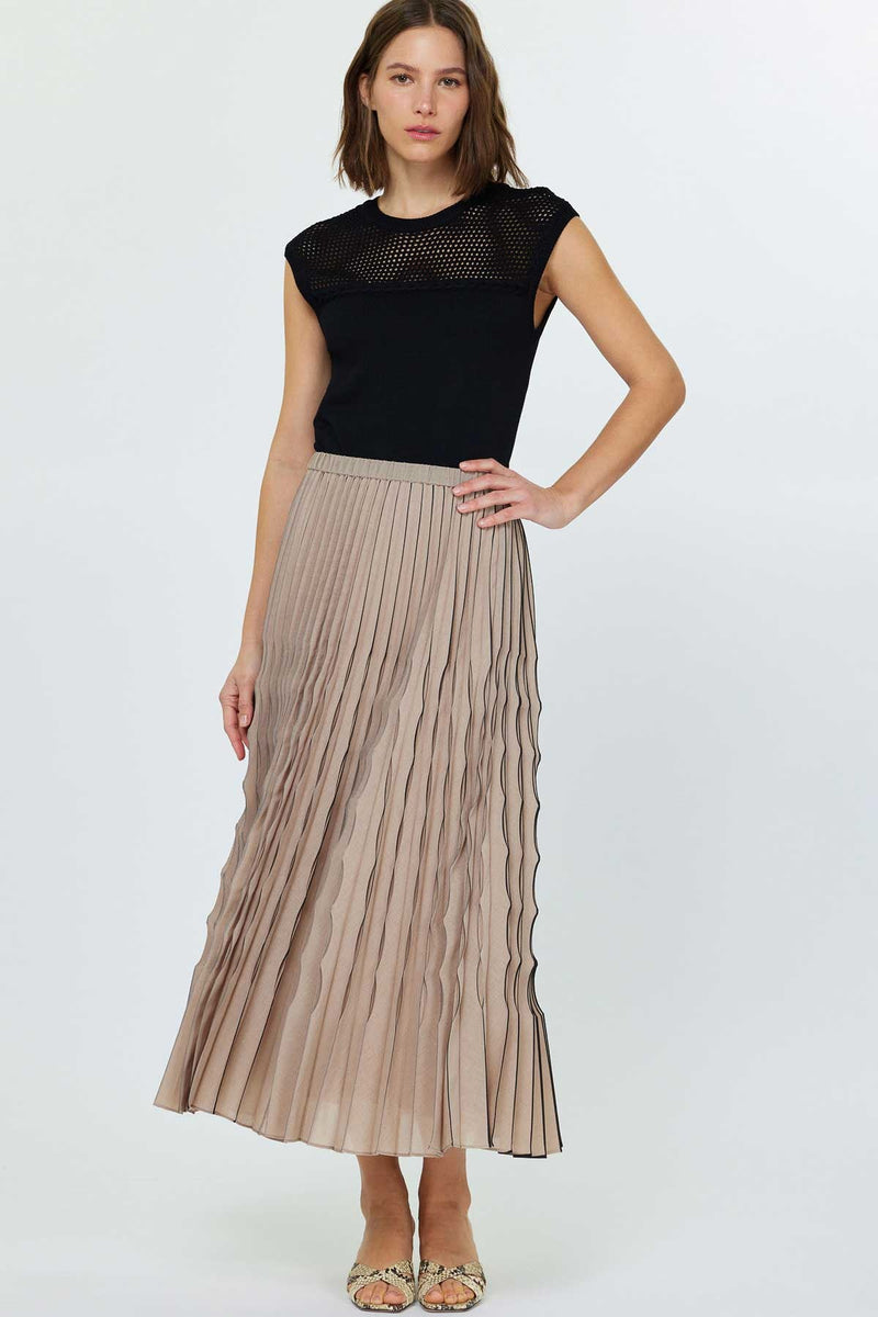 Light Gray Montana Pleated Midi Skirt in Taupe/Black Midi Skirt