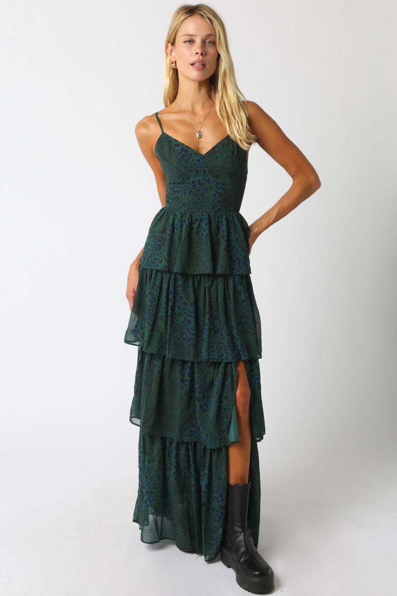 Light Gray Ruth Animal Print Ruffle Maxi Maxi Dress