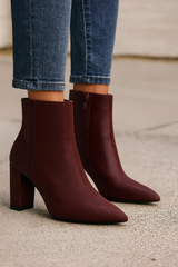 Gray Sara Faux Suede Ankle Bootie | Burgundy Booties
