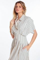 White Smoke Maude Waist Detail Shirtdress in Charcoal Stripe Midi Dress