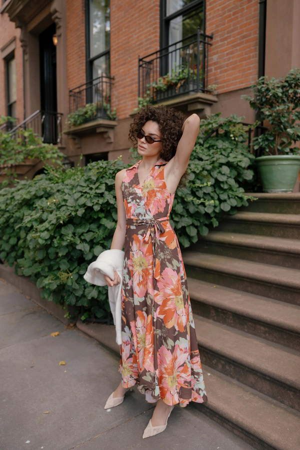 Dim Gray Vela Dress in Brown Vintage Upholstery Floral Maxi Dress