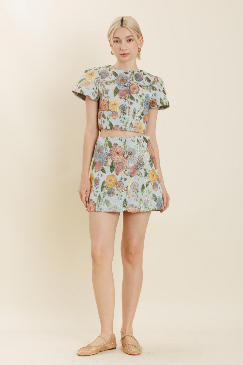 Light Gray Tea for Two Floral Jacquard Cropped Jacket Jacket